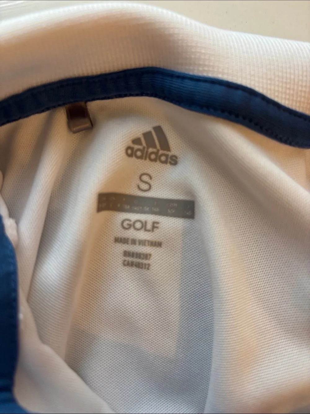 adidas White Polo with Blue and Yellow Chest Stripes and Blue Trim